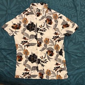 Express White Short-Sleeve Floral Button-Down Shirt with Black & Brown Flowers
